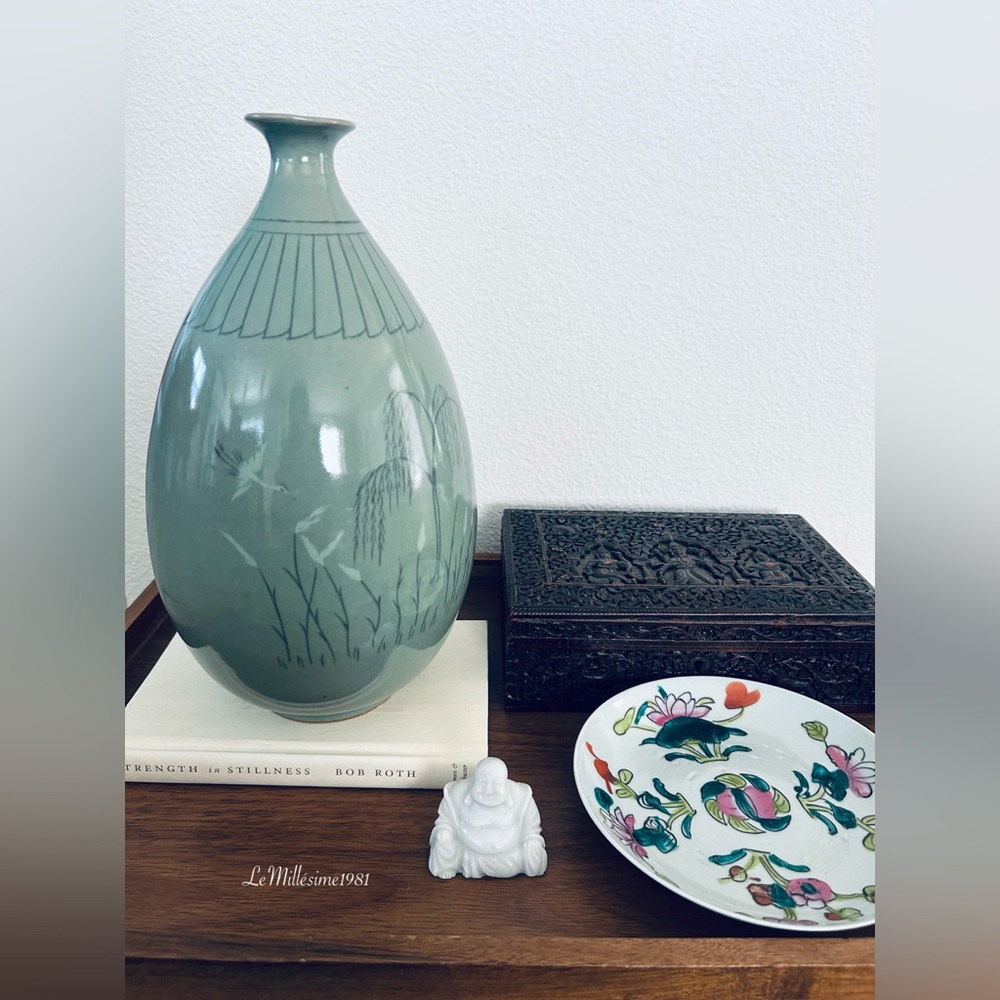 Vintage Celadon Crane Vase
